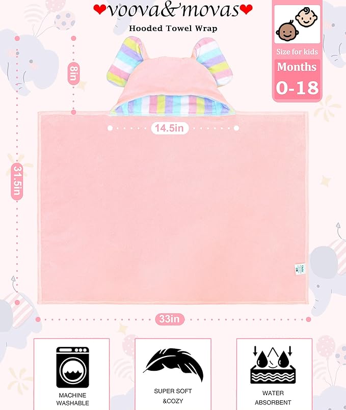 VOOVA & MOVAS Cute Elephant Ears Hooded Towel for Baby – 100% Cotton, 420GSM, Thick & Super Absorbent – 33" x 31.5", Pink – for 0–18 Months – Large Towel for Newborn, Toddler, Infant, Essential