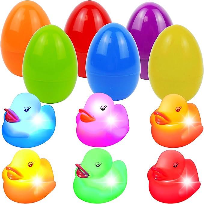 JOYIN 6 Pcs Pre-Filled Easter Eggs with Light-up Floating Duck Bath Toys for Kid Toddlers Easter Eggs Hunt, Basket Stuffers/Fillers, Filling Treats, Party Favor, Classroom Prize Supplies