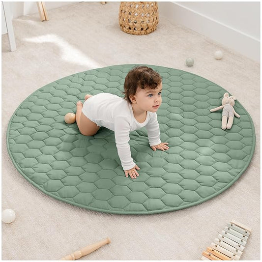 Comfy Cubs Round Kids Play Mat - Medium 48 inches Soft Quilted Baby Floor Mat with Non-Slip Bottom - Plush Design for Toddlers' Playtime - Comfortable and Durable - Fern