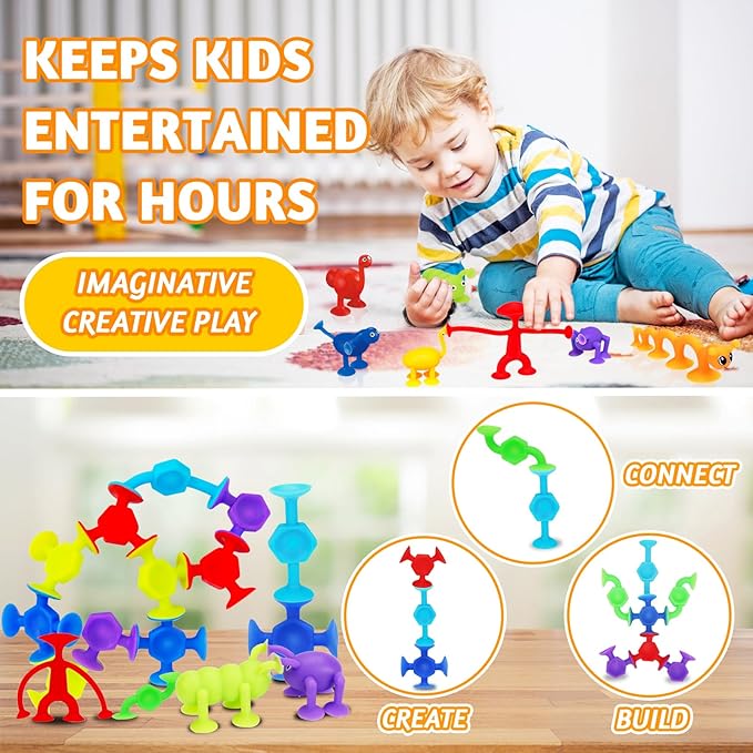 32Pcs Bath Toys for Kids Ages 1-3 2-4 4-8, Sensory Fidget Building Suction Cup Toy Mold Free Bath Toy for Toddlers Airplane Car Window Travel Road Trip Essentials Party Favor Treasure Carnival Prizes