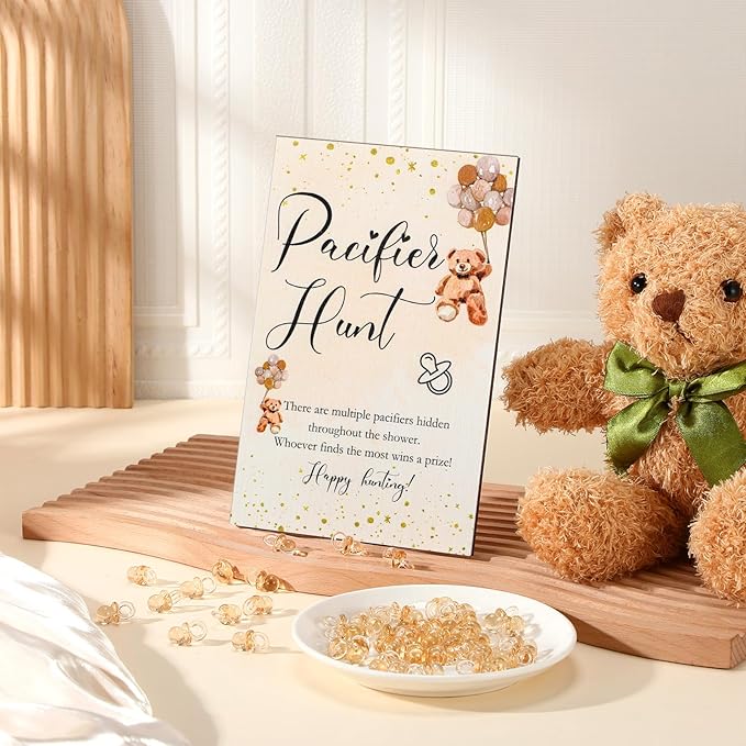 Roowest 51 Pcs Pacifier Hunt BabyShower Games Include Wooden Hunt Sign and 50 Acrylic Mini Plastic Pacifiers for BabyShower Game Decoration Gift Sets Gender Reveal Party(Bear,Brown)