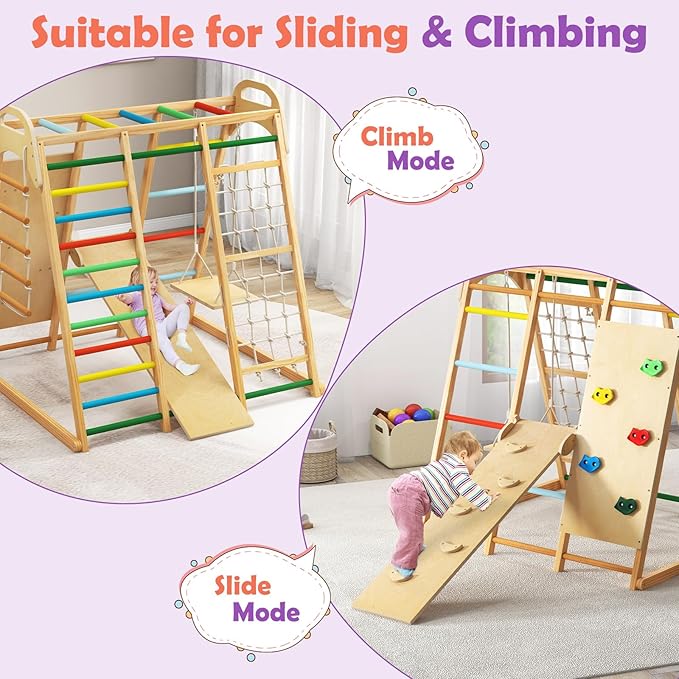 INFANS Indoor Jungle Gym, 8 in 1 Kids Montessori Indoor Playground Climbing Playset for Toddlers with Slide Swing Net Monkey Bars Rope Ladder, Wood Climber Toys for Boys Girls