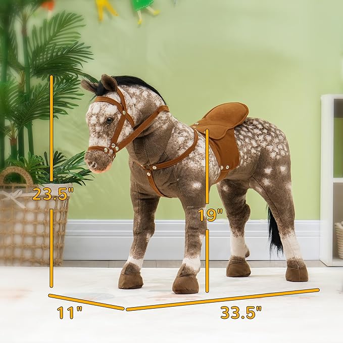 Qaba Ride on Horse, Riding Horse with Neighing Sound, Saddle, Ride on Animal for Kids Boys Girls 3-8 Years Old, Brown