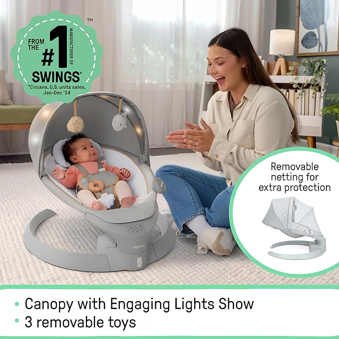 Ingenuity Inlighten Bounce & Sway Swing, Bluetooth Music, Canopy with Lights & Toys, Touch & Remote Controls, 3-in-1 Seat Modes, Machine Washable Pad, Ages 0+ Pebble Shore