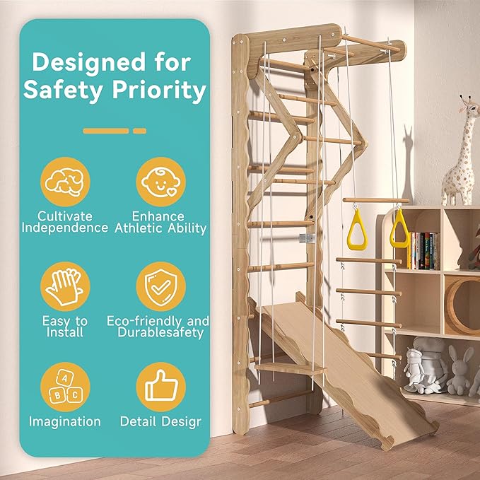 5-in-1 Indoor Playground Swedish Ladder Jungle Gym with Swing,Pull-Up Bar,Rope Ladder,Climbing Wall,Slide and Gymnastic Rings for Kids Ages 4-8