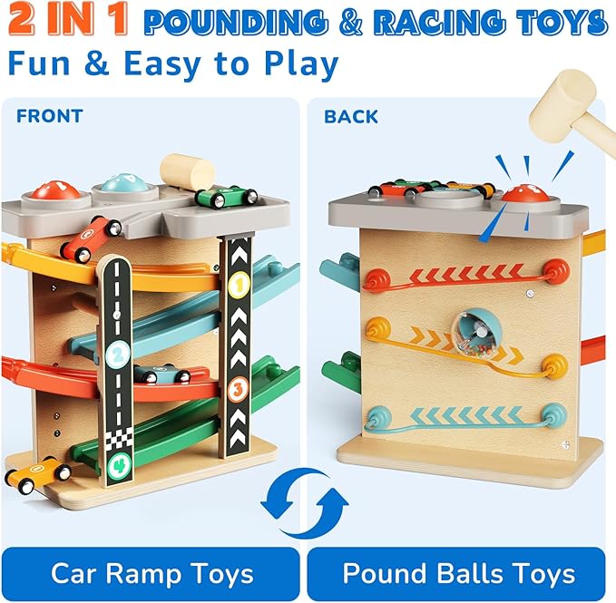 Wooden Car Ramp Race Track 2-in-1 Pound Ball Toddler Toy Ball Drop Baby Toy Set Gift for 1 2 3 Year Old Boys Girls Montessori Developmental Learning Activity Interactive Birthday Present