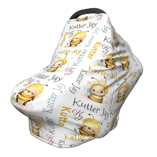 Personalized Bee Baby Car Seat Cover with Name,Multi-Use Canopy for Nursing, Strollers,Shopping Carts,Customized Breastfeeding Cover, Full Privacy,Infant Stroller Cover