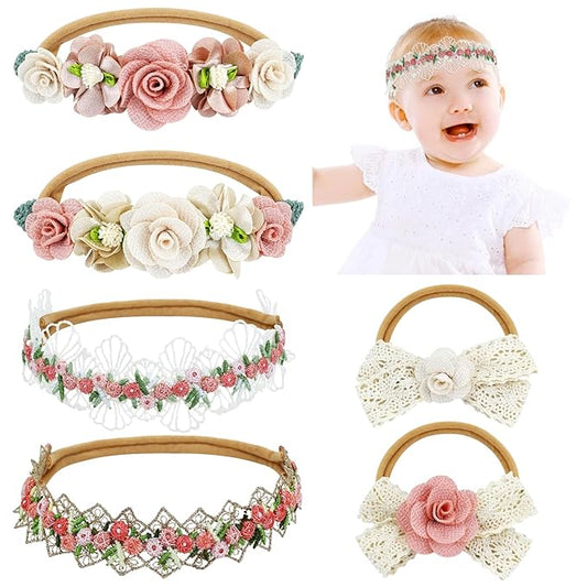 Dizila 6 Pieces Super Soft Stretchy Beige Dusty Pink White Baby Girl Flower Nylon Headbands Lace Floral Bow Headbands Hair Accessories for Newborns Infants Toddlers Girls Kids