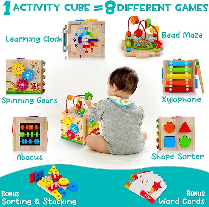HELLOWOOD Wooden Activity Cube, 8-in-1 Montessori Baby Toys for 1+ Year Old Boys & Girls, Educational Learning Toys for Toddlers Age 1-2, 1st Birthday Gift | Bonus Sorting & Stacking Board