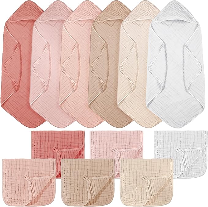 VitalCozy 12 Pcs Baby Muslin Hooded Bath Towels and Washcloths, Muslin Hooded Baby Towels Absorbent Blankets for Gift Newborn Infant Shower (Pink Beige Series)
