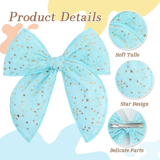 TOKUFAGU 7PCS Hair Bows for Girls, Tulle Stars Hairs Barrettes Colorful Alligator Clips Wedding Hair Accessories for Girls Infants Toddler Teens Women Party