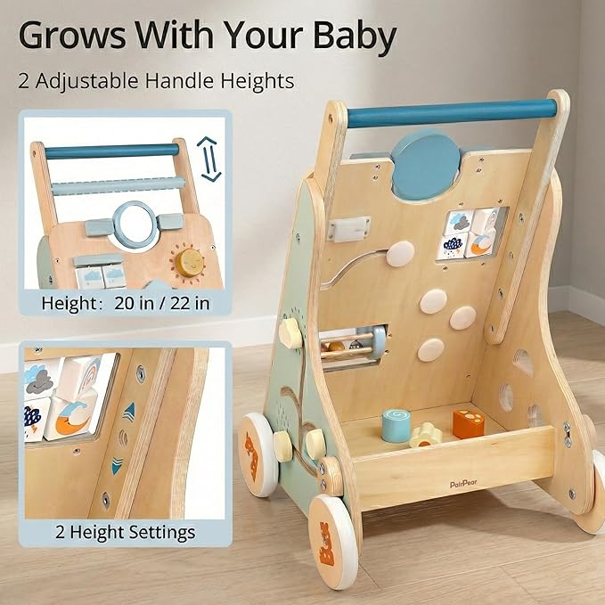 PairPear Wooden Baby Walker with Wheels, Speed & Height Adjustable Activity Push Walker Toy for Babies, Montessori Sit & Play Push Toy Gift for Toddlers 12+ Months