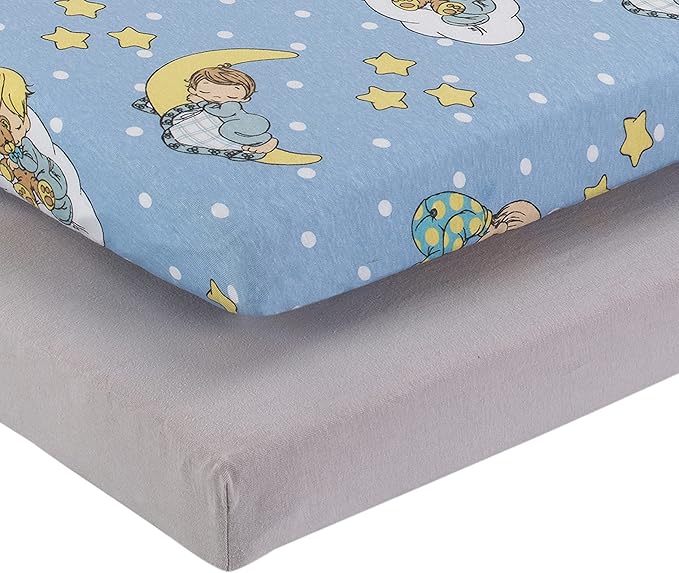 2 Pack n Play Mattress Sheets – 100% Jersey Knit Cotton Soft Portable Crib Mattress Sheet for Boys with Blue and Yellow Precious Moments Design; 2 Pk Playpen Mattress or Mini Crib Fitted Sheet Set