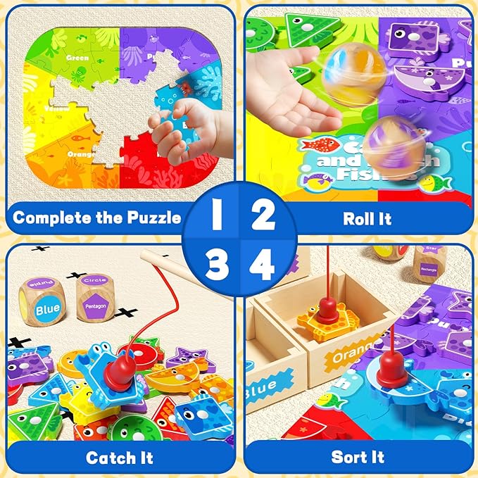 Montessori Toys for Toddlers 1-3, Magnetic Fishing Game for Kids 2-4, Color & Shape Sorter Educational Learning Toys with Wooden Box & Puzzle for Boys Girls 3-5