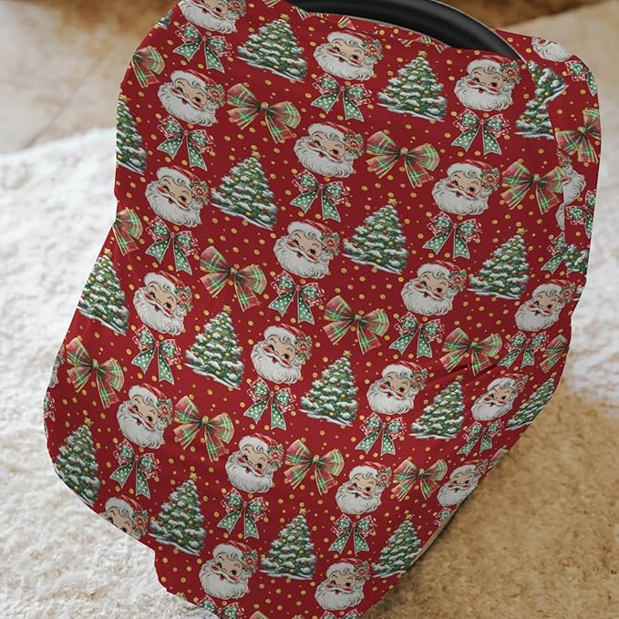 Christmas Santa Trees Car Seats Cover for Babies Santa Claus Red Green Bows Stretchy 5-in-1 Cover Adjustable Car Canopy Cover Winter Holiday Breathable Nursing Cover-Up