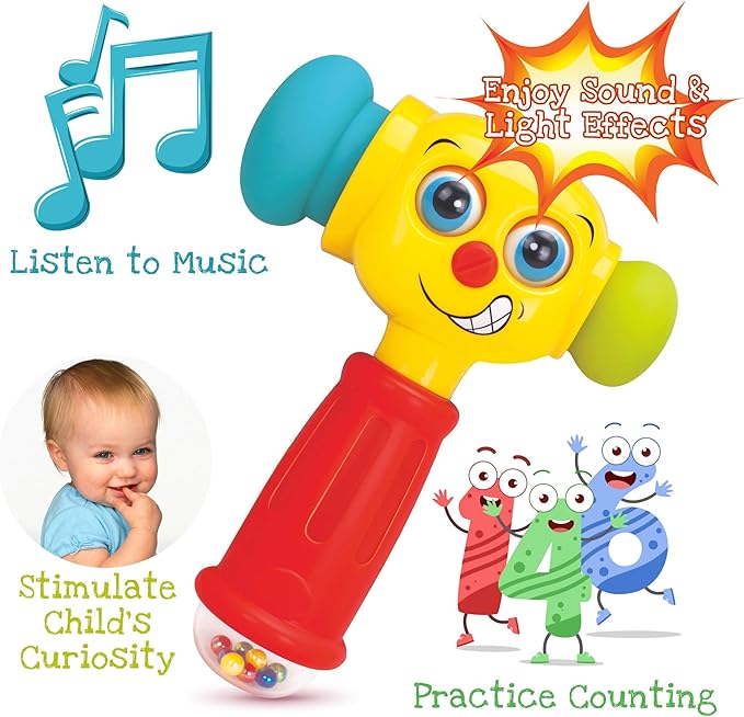 Toy Hammer w/Lights, Learning Mode and Music Mode – Baby Hammer Toy Plays 6 Short Kids' Songs, Counts 1-10 w/Baby, Changes Funny Expressions and Lights Up – for Kids 12 Months and Older