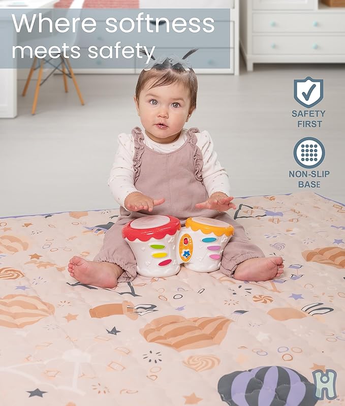 Baby Play Mat 50x50 Playpen Mat Foldable Washable Padded Thick Non Slip Crawling Tummy Time Rug Carpet for Babies Boys Girls Toddlers Soft Mat for Floor Nursery Gym Infant Cushion Beige