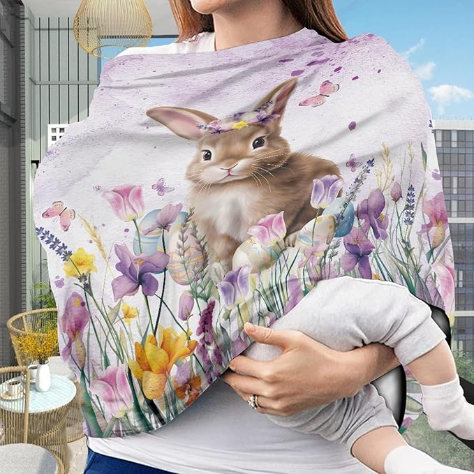 Easter Bunny Print Car Seat Canopy for Girls,Lovely Soft Nursing Cover Easter Theme Washable Breastfeeding Scarf for Family