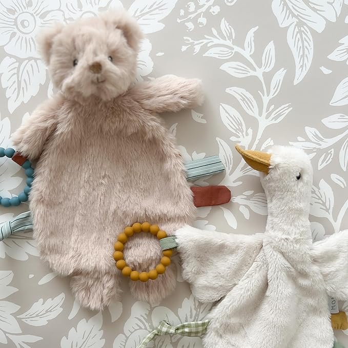 MON AMI Baldwin Bear Security Blanket with Silicone Teether | 12-Inch Plush Lovey for Babies | Soothing Sensory Snuggle Toy | Perfect Newborn Essential for Birthdays & Baby Showers