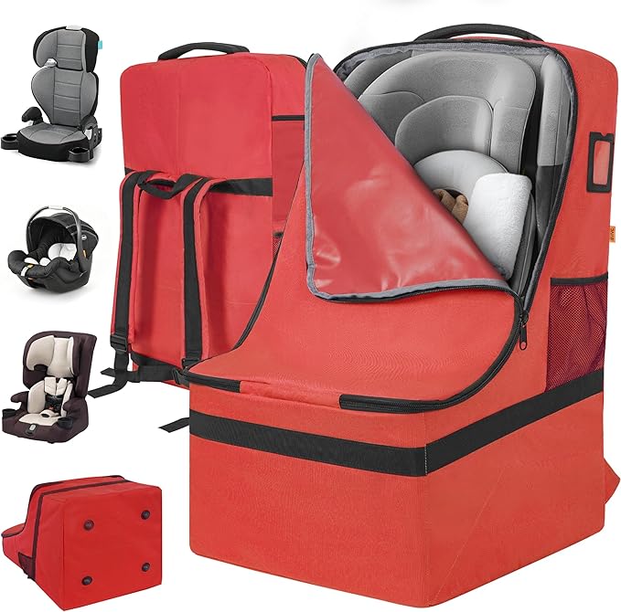 IBVIVIC Padded Car Seat Travel Bag for Airplane, Heavy Duty Car Seat Bag for Air Travel Gate Check Carseat Carrier Bag with Shoulder Strap, Fits Most Baby & Infant Car Seats (Red)
