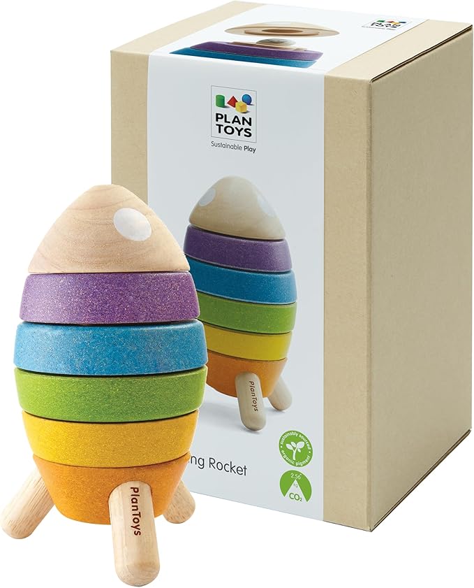PlanToys® Wooden Stacking Rocket Toy for Toddlers | Montessori Educational STEM Learning Toy | Colorful Wooden Rocket Ship Stacker for Fine Motor Skills, Problem Solving, Preschool Gift