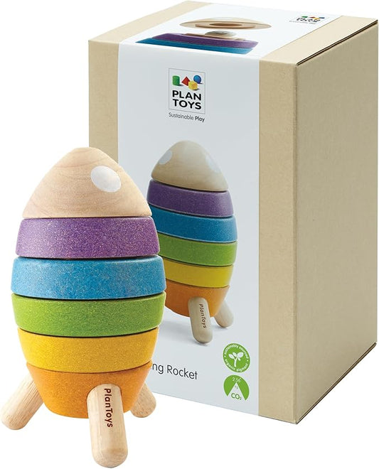 PlanToys® Wooden Stacking Rocket Toy for Toddlers | Montessori Educational STEM Learning Toy | Colorful Wooden Rocket Ship Stacker for Fine Motor Skills, Problem Solving, Preschool Gift