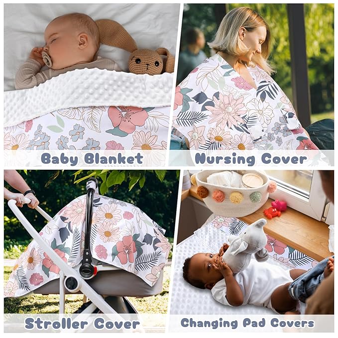 Car Seat Cover Baby, Infant Car Seat Canopy Covers for Newborn Girls Boys, Soft Breathable Minky Carseat Covers Stretchy Multi-Use Nursing Cover for Stroller Baby Car Seat, Daisy Flroal