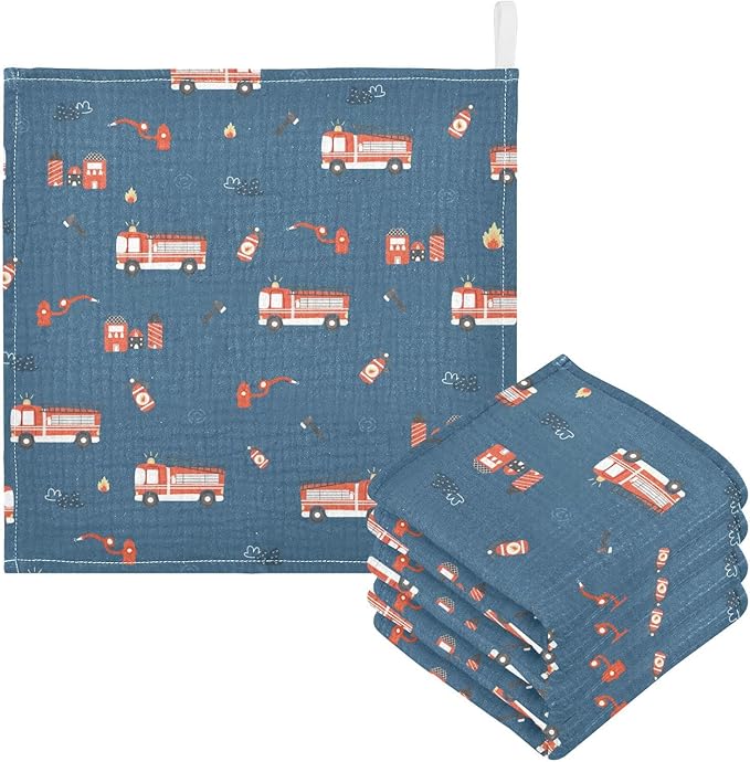 vvfelixl Baby Muslin Washcloths, Firefighters Pattern Baby Burp Cloths, Cotton Baby Face Towel for Newborn Infants Boys Girls Soft and Absorbent 11.8 X 11.8 in, 3 Pack Blue