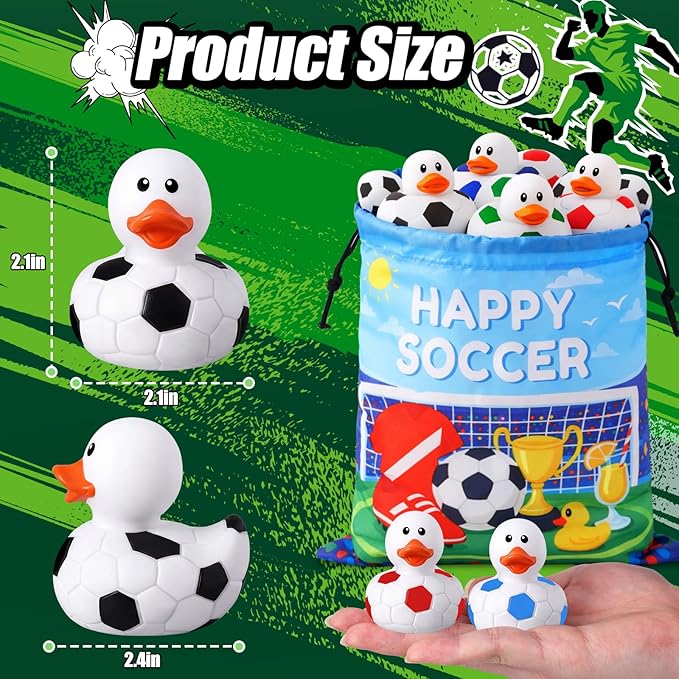 24 Pcs Soccer Theme Rubber Ducks with a Bag, Soccer Ball Ducks Toys, Soccer Fun Party Favors, Goodie Bag Fillers for Sports Fans Team Gifts, Classroom Game Prizes, Easter Basket Stuffers