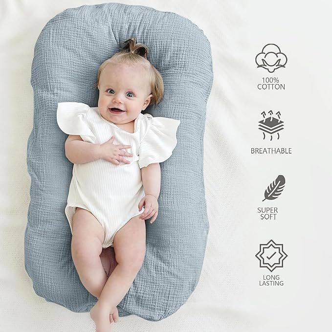 MairMore Muslin Baby Cover for Newborn, Soft and Breathable 100% Cotton Lounger Slipcover Neutral, Pack of 2(Dark Blue)