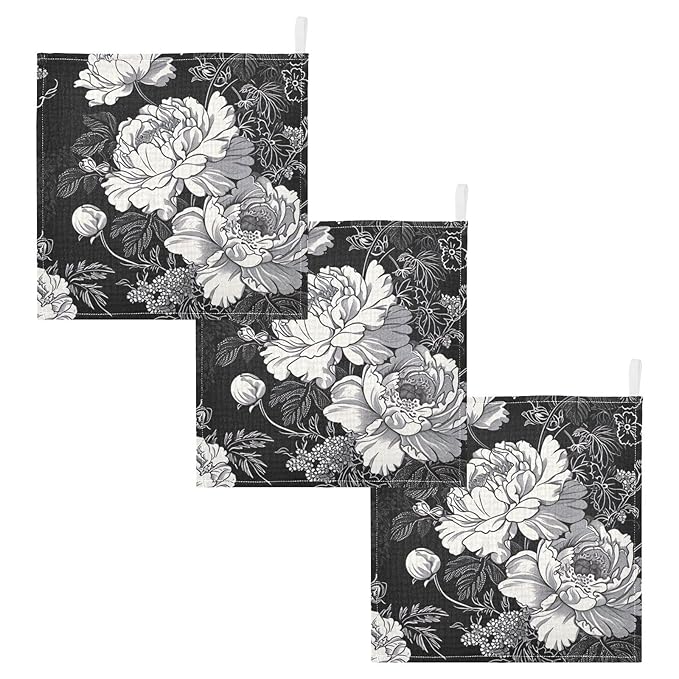 White Flowers Black Baby Washcloths - 3 Pack Muslin Cotton Face Towels for Baby Newborn Girls and Boys - Soft and Absorbent - 11.8 Inch