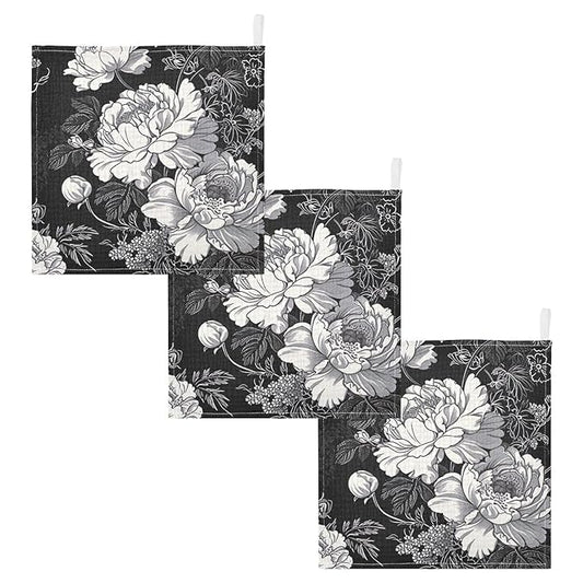 White Flowers Black Baby Washcloths - 3 Pack Muslin Cotton Face Towels for Baby Newborn Girls and Boys - Soft and Absorbent - 11.8 Inch