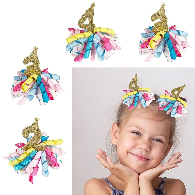 Birthday Hair Clips for Baby Girls - 2Pc Curly Ribbon with Gold Number Bow Hair Clips for 4th Birthday Baby Bow Party Decorations for Girls Toddlers Hair Accessories (Gold Number- 4 Years)