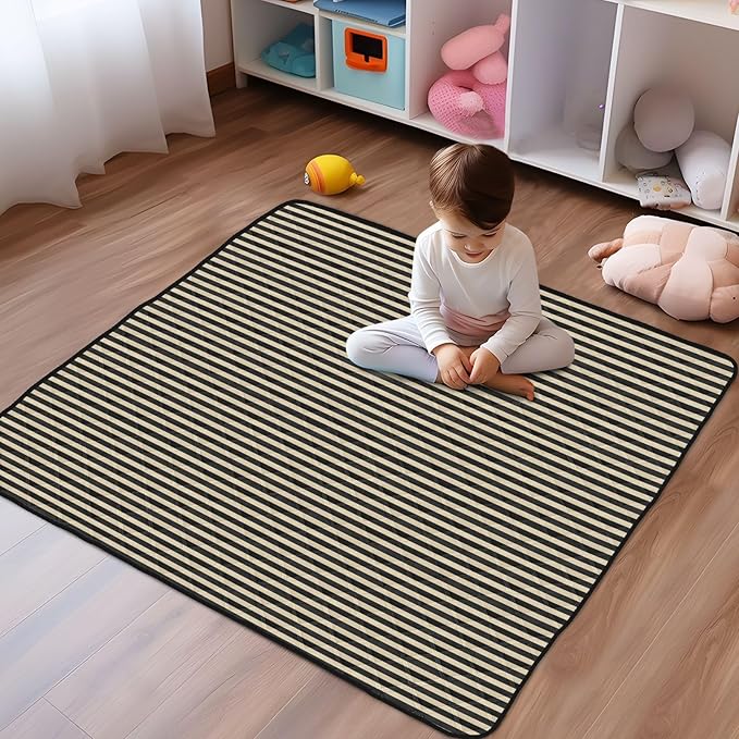 Stripes Khaki Black Baby Play Mat for Floor 50" X 50" Foldable Waterproof Non-Slip Playmat for Baby Playpen Quilted Crawling Mats Game Rug