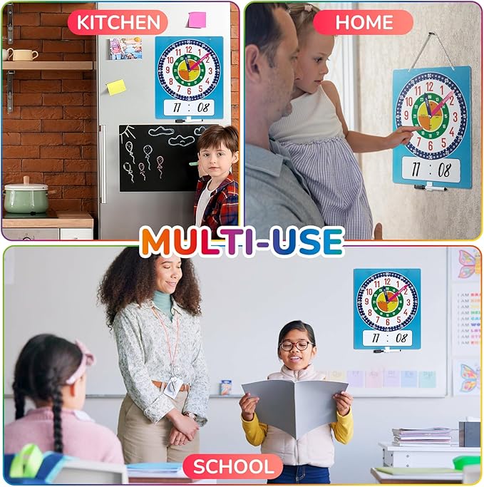 Magnetic Writable Dry Erase Learning Clock for Kids, 13.7'' x 11.2" Teaching Demonstration Clock for Kid to Tell Time, Perfect for Home School Classroom Supplies, Pen Included