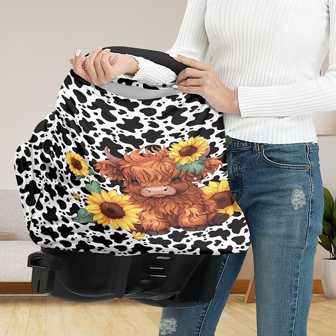 Wanyint Highland Cow Sunflower Cow Print Car Seat Covers for Boys Girls, Nursing Cover Carseat Canopy Baby Breastfeeding Cover Multi-use Nursing Scarf Infant Stroller Cover