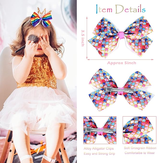 12 Pcs 5 Inch Hair Bows for Girls,Colorful Rainbow Heart Girls Hair Bows Grosgrain Ribbon Hair Bow With Alligator Clips for Toddlers Little Girl Children Kids Teens