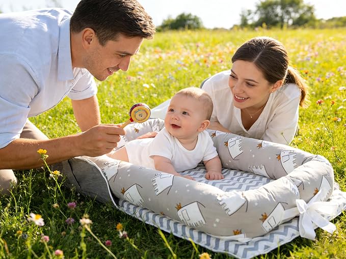 Baby Lounger for Newborns & Infants 0–24 Months, 100% Cotton Breathable Infant Support Cushion with Adjustable Size, Portable Baby Nest for Home and Travel, Baby Shower Gift (Elephant Grey)