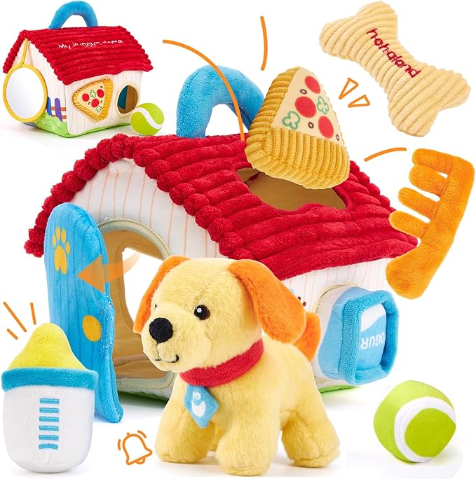 hahaland Montessori Toys for 1 Year Old – Plush Puppy Sensory Toy Set with Dog House, Rattle, Crinkle, Mirror & Shape Sorter, Pretend Play Learning Toy for Toddlers 1-3, Baby Easter Basket Stuffers