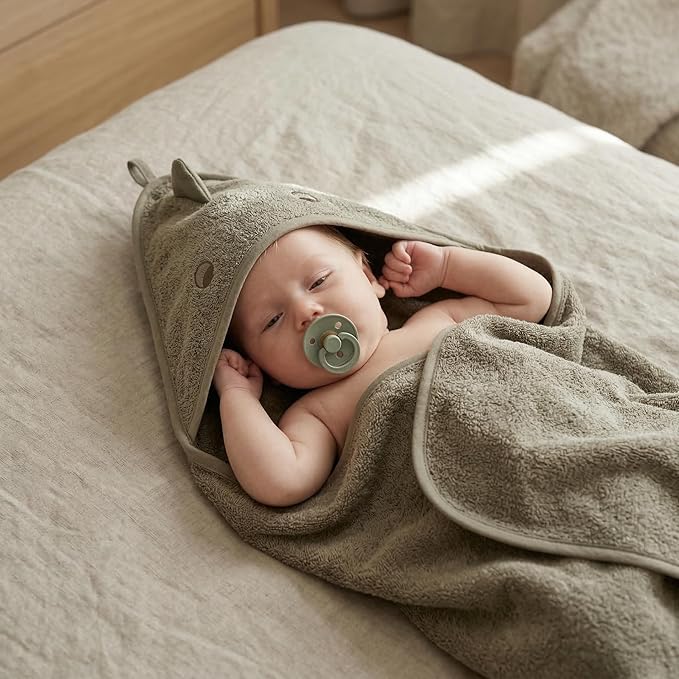 Hooded Baby Towels - 100% Organic Cotton Baby Bath Towels for Baby Boy, 32" x 32" Super-Soft and Absorbent Baby Towels for Newborn (Dino - Green Moss)