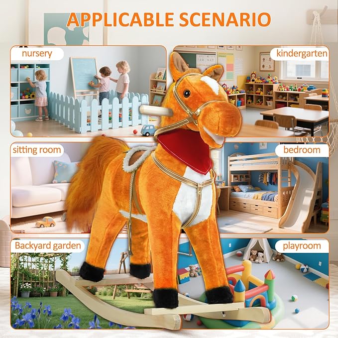 Rocking Horse for Toddlers Ages 1-6, Plush Ride On Toy with Sounds Moving Mouth & Wagging Tail, Interactive Wooden Rocker for Kids, Baby Rocking Chair Toys up to 120kg (Light Brown M)