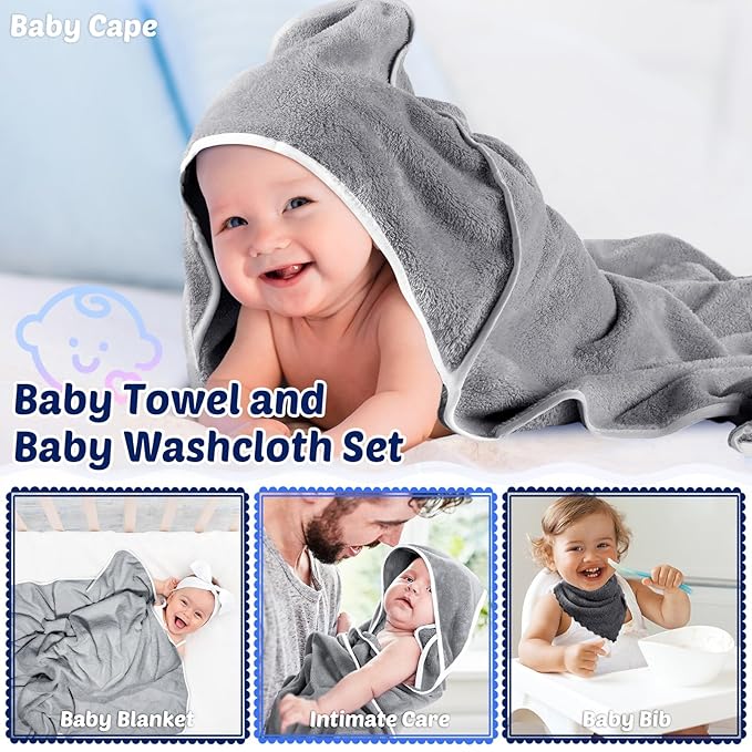 Buryeah 5 Pcs Baby Bath Towel and 15 Count Baby Washcloths Sets, Hooded Towels for Newborns Infants and Toddlers Soft Coral Fleece Toddler for Newborn Boy Girl(Gray)