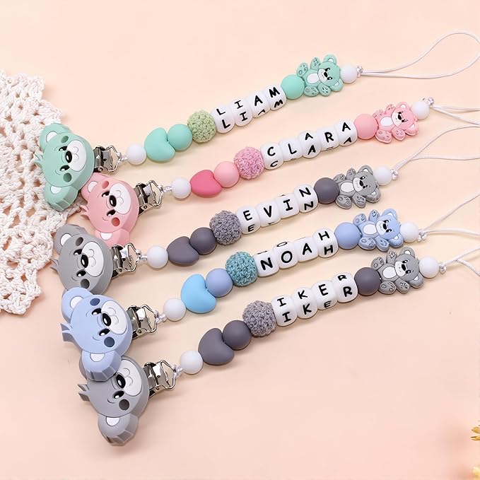 Custom Silicone Bead Personalized Pacifier Clip with Name for Baby, Customized Pacifier Clip Fits All Pacifiers (Bear.)