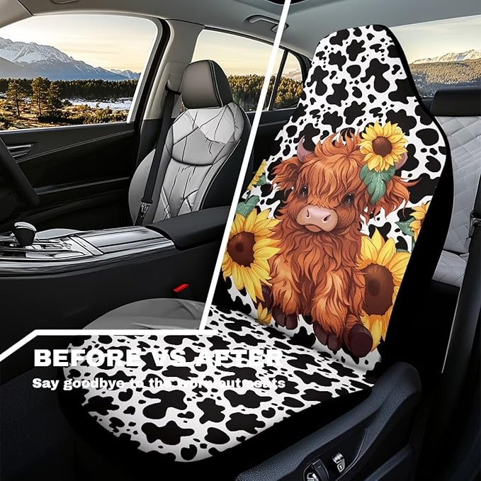 Cute Highland Cow Car Front Seat Cover, Women's Auto Car Seat Covers Protector Universal Car Interior Accessories Automobile Seat Cover for Most Cars Truck Van SUV, 2 Pack