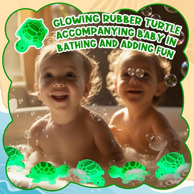 25PCS Rubber Turtle Bath Toys Glow in The Dark Green Floating Squeaky Sea Turtle Rubbe Toys, Cute Screaming Sound Rubber Turtle Bulk for Bath Shower Swimming Pool Birthday Beach Decor