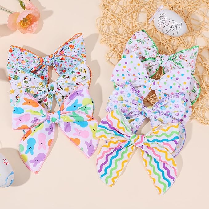 7 PCS Easter Hair Bows for Girls, 4.5 Inch Colorful Toddler Bows Clips With Bunny Rabbit Chick Easter Egg Pattern Hair Accessories for Kids Party Decorations