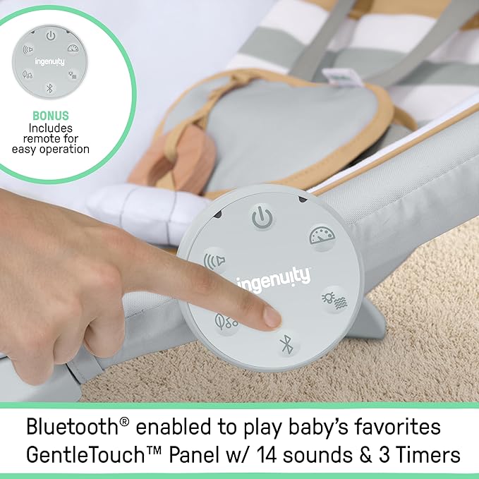 Ingenuity Inlighten Bounce & Sway Swing, Bluetooth Music, Canopy with Lights & Toys, Touch & Remote Controls, 3-in-1 Seat Modes, Machine Washable Pad, Ages 0+ Pebble Shore