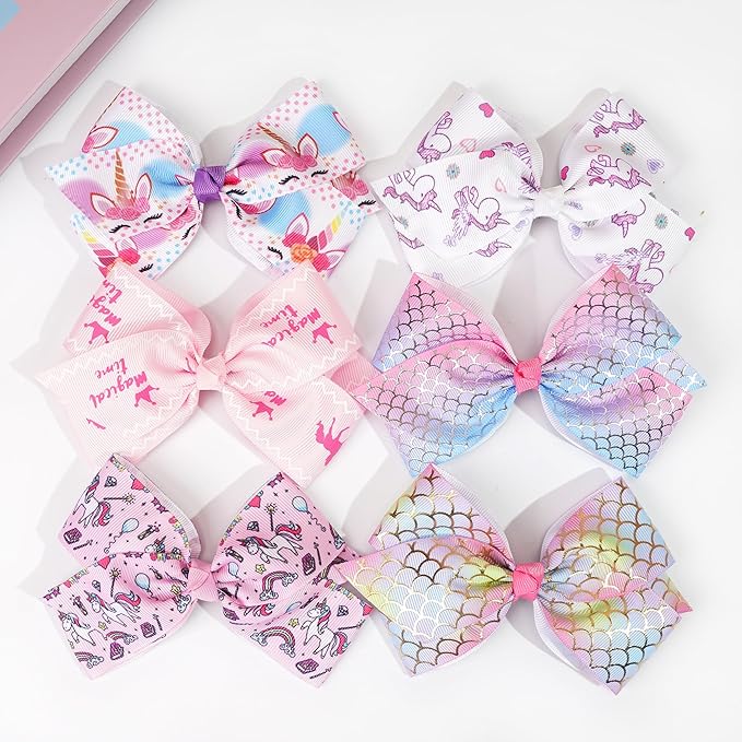 4.5Inch Bows for Girls Boutique Grosgrain Ribbon Rainbow Hair Bow Alligator Hair Clips Pigtail Bows Unicorn Hair Clips for Baby Girls Toddler Kids Children Teens 12PCS