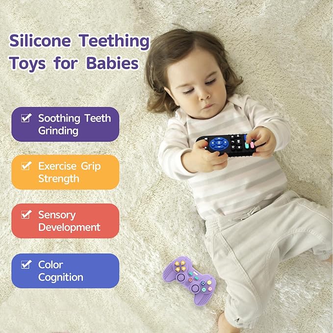 2 Pack Silicone Teethers for Babies 6-12 Months, Teething Toys for Babies 0-6 Months, Remote Teether for Baby, Sensory Toys for Baby,Toddler Infant Girl Boy Gifts