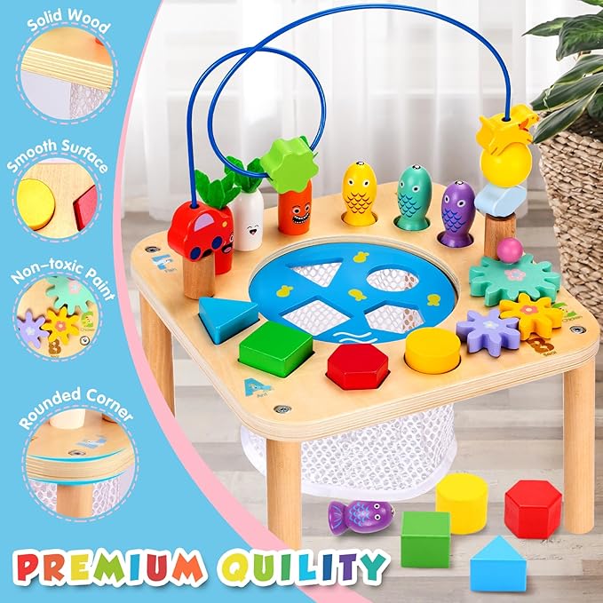 WINGYZ Activity Table, 6 in 1 Wooden Montessori Activity Center with Bead Maze Shape Sorter Fishing Game, Kids Sensory Play Table Toddler Toys 1st Birthday Gifts Boy Girl(Rainbow)